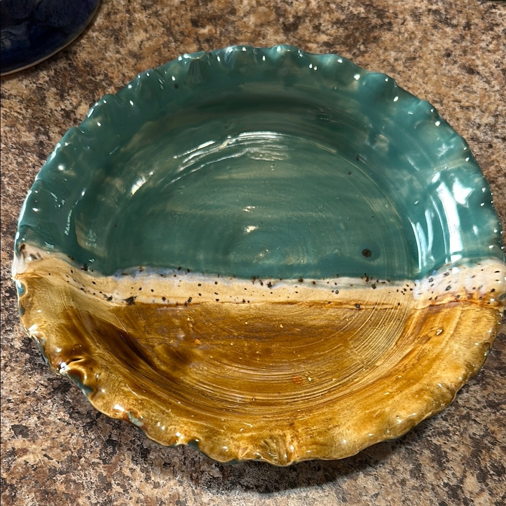 Handcrafted Ceramic Pie Plate in Teal and Brown